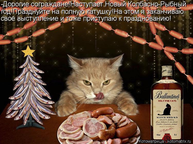 Котоматрица: -Дорогие сограждане!Наступает Новый Колбасно-Рыбный год!Празднуйте на полную катушку!На этом я заканчиваю своё выступление и тоже приступ