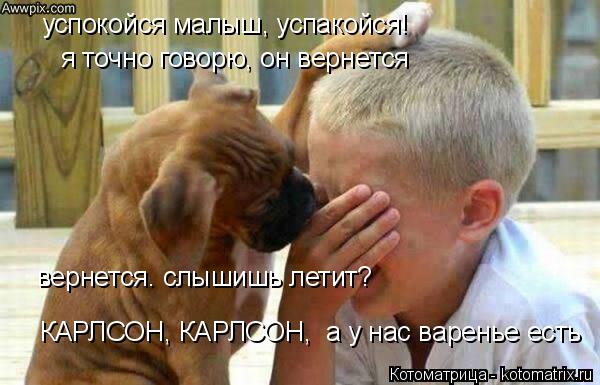 успокойся малыш, успакойся! я точно говорю, он вернется вернется. слышишь летит? КАРЛСОН, КАРЛСОН, а... Котоматрица: успокойся малыш, успакойся! я точно говорю, он вернется вернется. слышишь летит? КАРЛСОН, КАРЛСОН, а у нас варенье есть