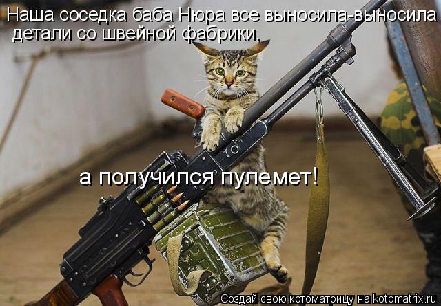 Котоматрица: Наша соседка баба Нюра все выносила-выносила детали со швейной фабрики, а получился пулемет!  детали со швейной фабрики,  а получился пулеме