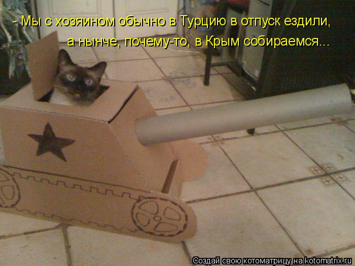 Котоматрица: - Мы с хозяином обычно в Турцию в отпуск ездили, а нынче, почему-то, в Крым собираемся...