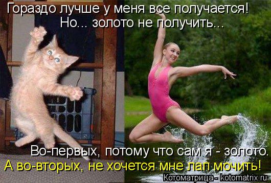 Гораздо лучше у меня все получается! Но... золото не получить... А во-вторых, не хочется мне лап мочи... Котоматрица: Гораздо лучше у меня все получается! Но... золото не получить... А во-вторых, не хочется мне лап мочить! Во-первых, потому что сам я - золото.