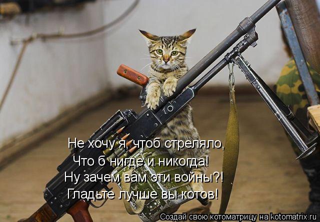 Не хочу я, чтоб стреляло, Что б нигде и никогда! Ну зачем вам эти войны?! Гладьте лучше вы котов!... Котоматрица: Не хочу я, чтоб стреляло, Что б нигде и никогда! Ну зачем вам эти войны?! Гладьте лучше вы котов!