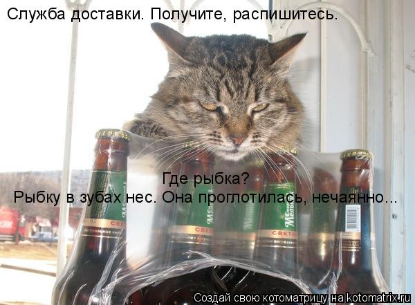 Котоматрица: Рыбку в зубах нес. Она проглотилась, нечаянно... Где рыбка? Служба доставки. Получите, распишитесь.