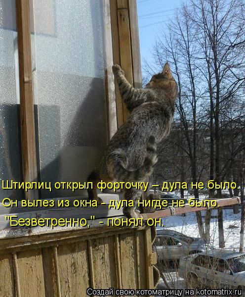 Штирлиц открыл форточку – дула не было. Он вылез из окна - дула нигде не было. "Безветренно," - понял... Котоматрица: Штирлиц открыл форточку – дула не было. Он вылез из окна - дула нигде не было. "Безветренно," - понял он.