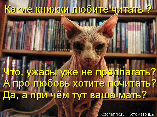 Какие книжки любите читать ? Что, ужасы уже не предлагать? А про любовь хотите почитать? Да, а при чё... Котоматрица: Какие книжки любите читать ? Что, ужасы уже не предлагать? А про любовь хотите почитать? Да, а при чём тут ваша мать?