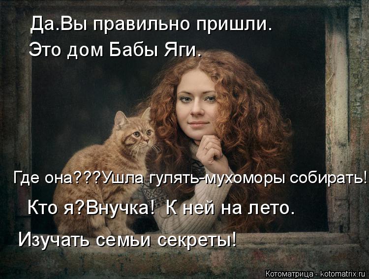 Котоматрица: Да.Вы правильно пришли. Это дом Бабы Яги. Где она???Ушла гулять-мухоморы собирать! Изучать семьи секреты! Кто я?Внучка!  К ней на лето.