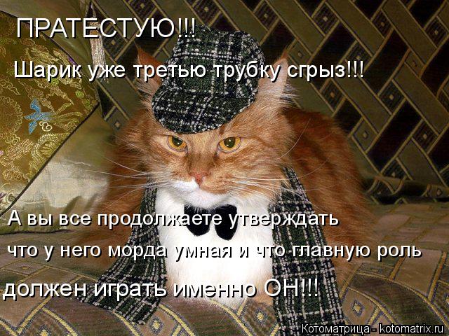 Котоматрица: Шарик уже третью трубку сгрыз!!!  ПРАТЕСТУЮ!!! А вы все продолжаете утверждать    что у него морда умная и что главную роль должен играть именн
