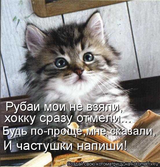 Котоматрица: Будь по-проще,мне сказали, хокку сразу отмели... Рубаи мои не взяли, И частушки напиши!