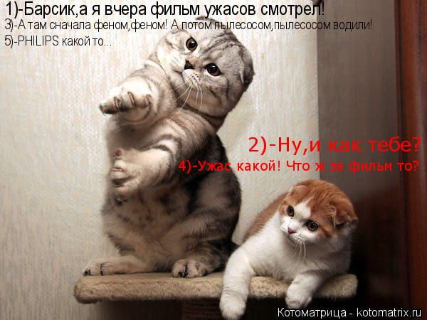 1)-Барсик,а я вчера фильм ужасов смотрел! 2)-Ну,и как тебе? 3)-А там сначала феном,феном! А потом пыл... Котоматрица: 1)-Барсик,а я вчера фильм ужасов смотрел! 2)-Ну,и как тебе? 3)-А там сначала феном,феном! А потом пылесосом,пылесосом водили! 4)-Ужас какой! Что ж з