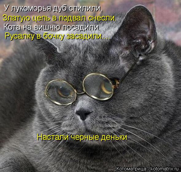 У лукоморья дуб спилили, Златую цепь в подвал снесли. Кота на вишню посадили. Русалку в бочку засадил... Котоматрица: У лукоморья дуб спилили, Златую цепь в подвал снесли. Кота на вишню посадили. Русалку в бочку засадили.... Настали черные деньки