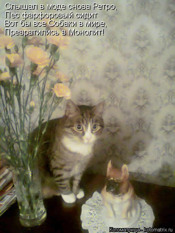 Слышал в моде снова Ретро, Пес фарфоровый сидит Вот бы все Собаки в мире, Превратились в Монолит!... Котоматрица: Слышал в моде снова Ретро, Пес фарфоровый сидит Вот бы все Собаки в мире, Превратились в Монолит!
