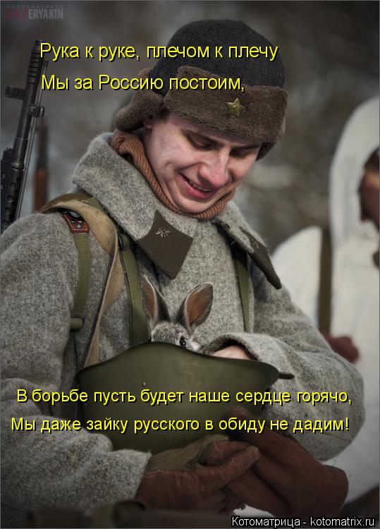 Рука к руке, плечом к плечу Мы за Россию постоим, В борьбе пусть будет наше сердце горячо, Мы даже за... Котоматрица: Рука к руке, плечом к плечу Мы за Россию постоим, В борьбе пусть будет наше сердце горячо, Мы даже зайку русского в обиду не дадим!