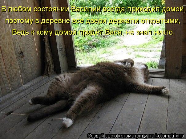 В любом состоянии Василий всегда приходил домой, поэтому в деревне все двери держали открытыми, Ведь ... Котоматрица: В любом состоянии Василий всегда приходил домой, поэтому в деревне все двери держали открытыми, Ведь к кому домой придёт Вася, не знал никто
