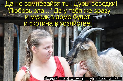 - Да не сомневайся ты! Дуры соседки! "Любовь зла..." Да у тебя же сразу и мужик в доме будет, и скоти... Котоматрица: - Да не сомневайся ты! Дуры соседки! "Любовь зла..." Да у тебя же сразу и мужик в доме будет, и скотина в хозяйстве!