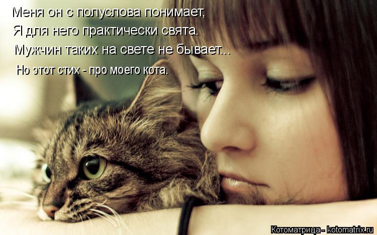 Меня он с полуслова понимает, Я для него практически свята. Мужчин таких на свете не бывает... Но ... Котоматрица: Меня он с полуслова понимает, Я для него практически свята. Мужчин таких на свете не бывает... Но этот стих - про моего кота.