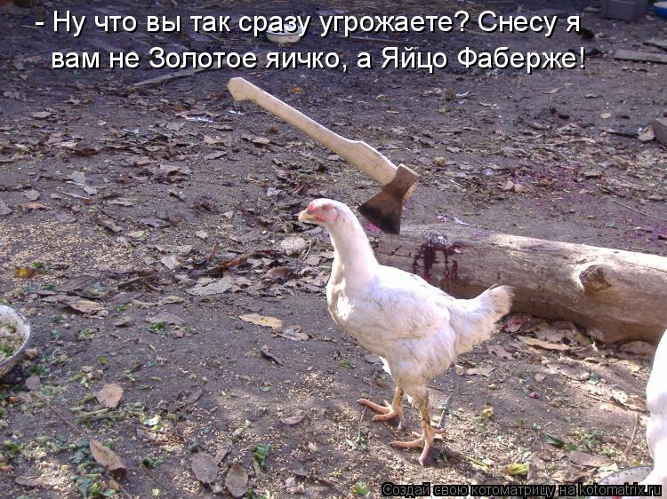 - Ну что вы так сразу угрожаете? Снесу я вам не Золотое яичко, а Яйцо Фаберже!... Котоматрица: - Ну что вы так сразу угрожаете? Снесу я вам не Золотое яичко, а Яйцо Фаберже!