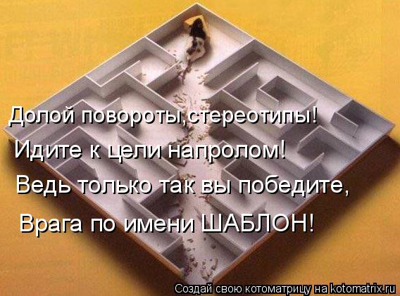 Котоматрица: Долой повороты,стереотипы! Идите к цели напролом! Ведь только так вы победите, Врага по имени ШАБЛОН!