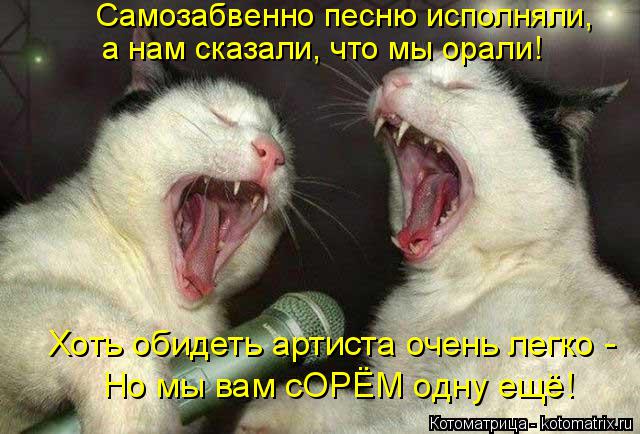 Самозабвенно песню исполняли, а нам сказали, что мы орали! Хоть обидеть артиста очень легко - Но мы ... Котоматрица: Самозабвенно песню исполняли, а нам сказали, что мы орали! Хоть обидеть артиста очень легко - Но мы вам сОРЁМ одну ещё!