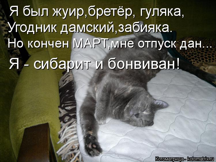 Котоматрица: Угодник дамский,забияка. Но кончен МАРТ,мне отпуск дан... Я - сибарит и бонвиван! Я был жуир,бретёр, гуляка,