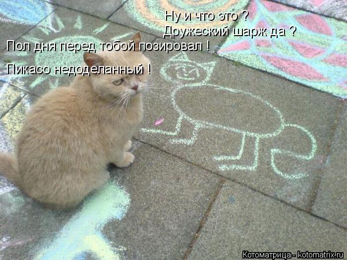 Ну и что это ? Дружеский шарж да ? Пол дня перед тобой позировал ! Пикасо недоделанный !... Котоматрица: Ну и что это ? Дружеский шарж да ? Пол дня перед тобой позировал ! Пикасо недоделанный !