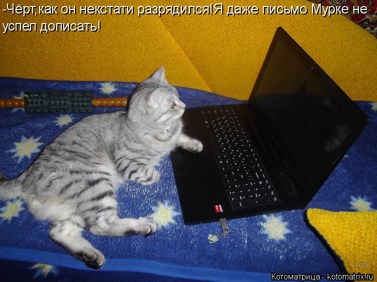 -Чёрт,как он некстати разрядился!Я даже письмо Мурке не успел дописать!... Котоматрица: -Чёрт,как он некстати разрядился!Я даже письмо Мурке не успел дописать!