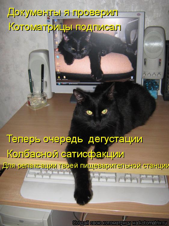 Документы я проверил Котоматрицы подписал Теперь очередь дегустации Колбасной сатисфакции Для релак... Котоматрица: Документы я проверил Котоматрицы подписал Теперь очередь дегустации Колбасной сатисфакции Для релаксации твоей пищеварительной станци