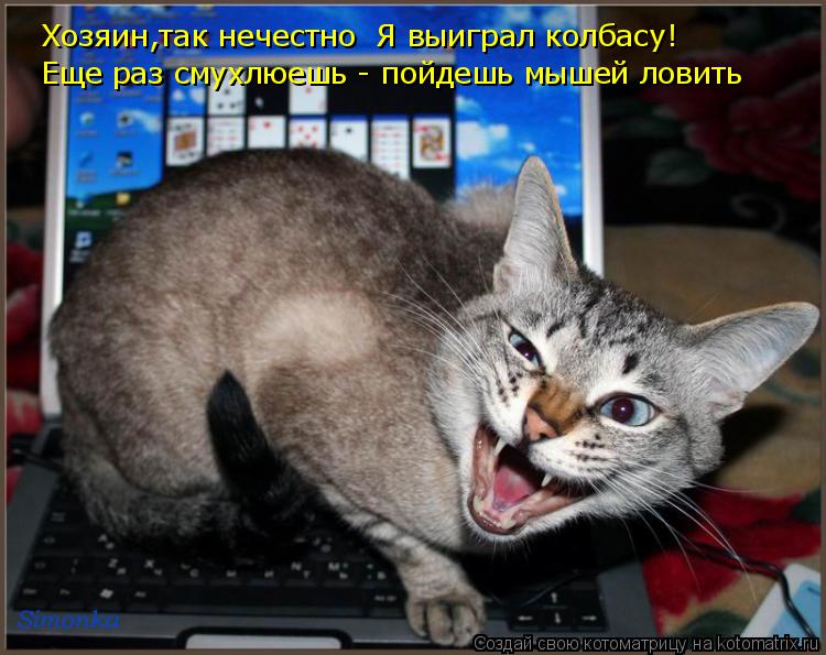Хозяин,так нечестно Я выиграл колбасу! Еще раз смухлюешь - пойдешь мышей ловить... Котоматрица: Хозяин,так нечестно Я выиграл колбасу! Еще раз смухлюешь - пойдешь мышей ловить