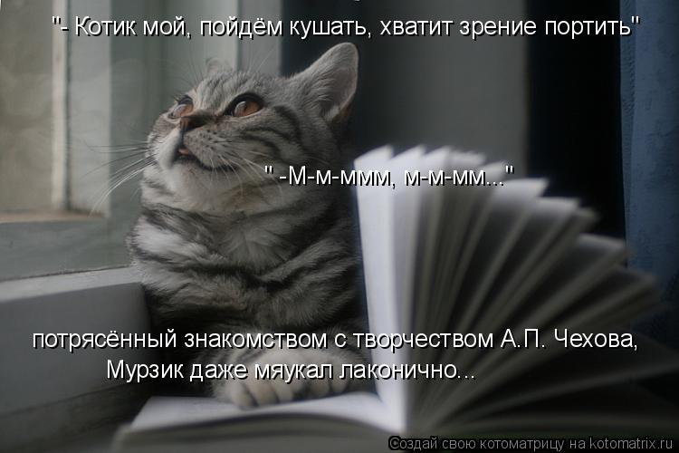 "- Котик мой, пойдём кушать, хватит зрение портить" " -М-м-ммм, м-м-мм..." потрясённый знакомством с ... Котоматрица: "- Котик мой, пойдём кушать, хватит зрение портить" " -М-м-ммм, м-м-мм..." потрясённый знакомством с творчеством А.П. Чехова, Мурзик даже мяукал ла