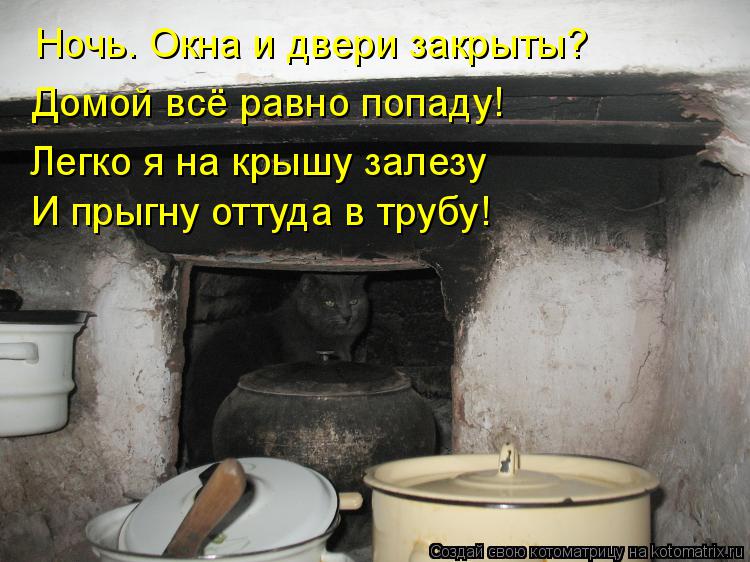 Котоматрица: Ночь. Окна и двери закрыты? Домой всё равно попаду! Легко я на крышу залезу  И прыгну оттуда в трубу!