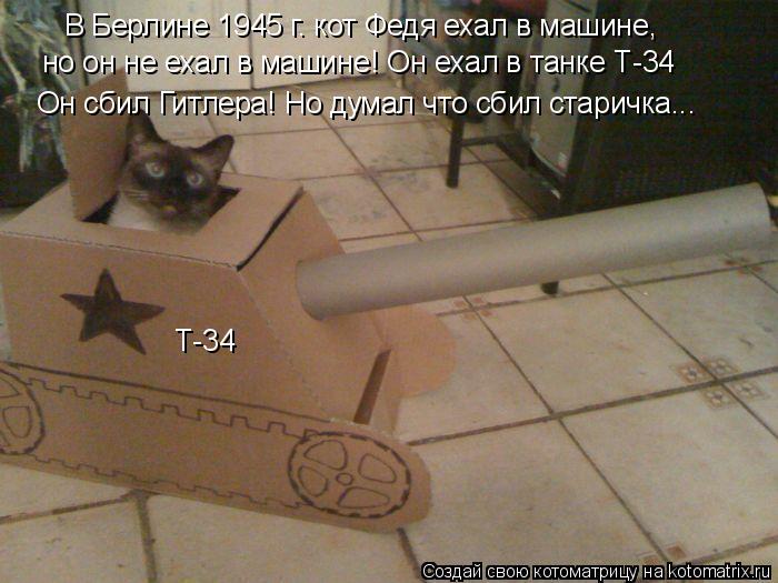Котоматрица: В Берлине 1945 г. кот Федя ехал в машине, но он не ехал в машине! Он ехал в танке Т-34 Он сбил Гитлера! Но думал что сбил старичка... Т-34