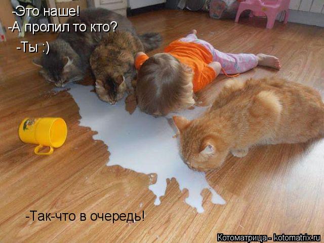 -Это наше! -Так-что в очередь! -А пролил то кто? -Ты :)... Котоматрица: -Это наше! -Так-что в очередь! -А пролил то кто? -Ты :)