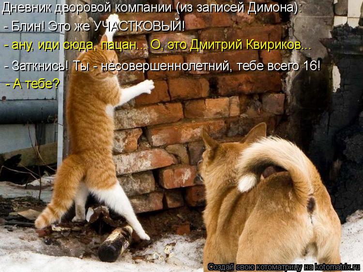 Дневник дворовой компании (из записей Димона): - Блин! Это же УЧАСТКОВЫЙ! - ану, иди сюда, пацан... ... Котоматрица: Дневник дворовой компании (из записей Димона): - Блин! Это же УЧАСТКОВЫЙ! - ану, иди сюда, пацан... О, это Дмитрий Квириков... - Заткнись! Ты - несо