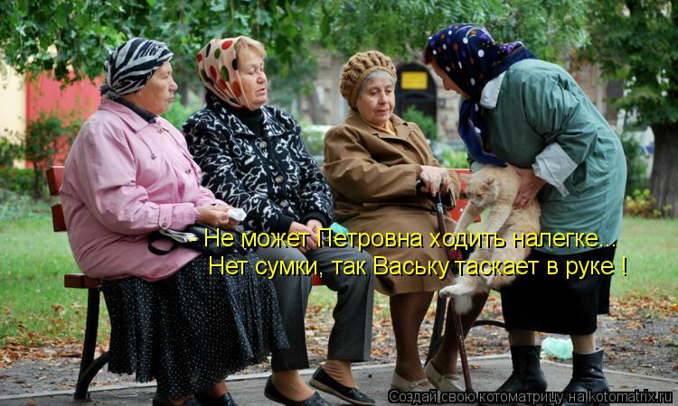 Котоматрица: - Не может Петровна ходить налегке... Нет сумки, так Ваську таскает в руке !