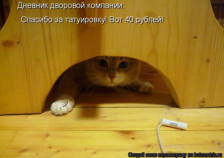 Котоматрица: Дневник дворовой компании: Спасибо за татуировку! Вот 40 рублей! :)