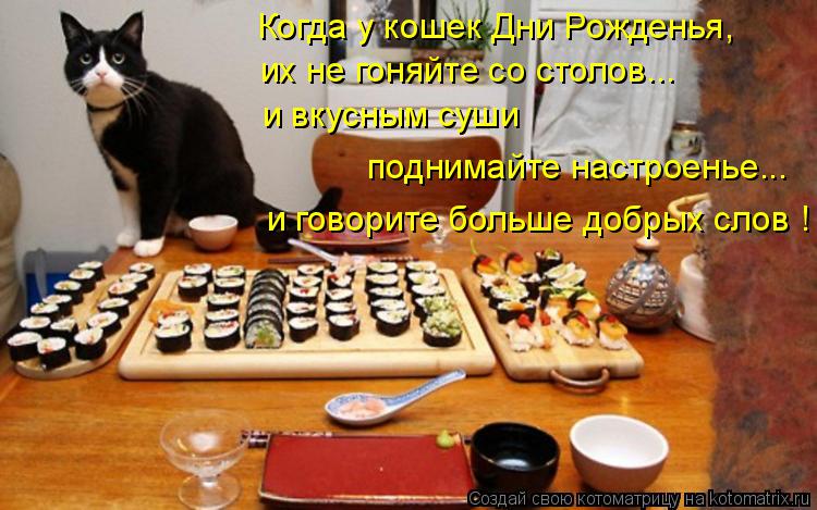 Когда у кошек Дни Рожденья, их не гоняйте со столов... и вкусным суши и говорите больше добрых слов !... Котоматрица: Когда у кошек Дни Рожденья, их не гоняйте со столов... и вкусным суши и говорите больше добрых слов ! поднимайте настроенье...