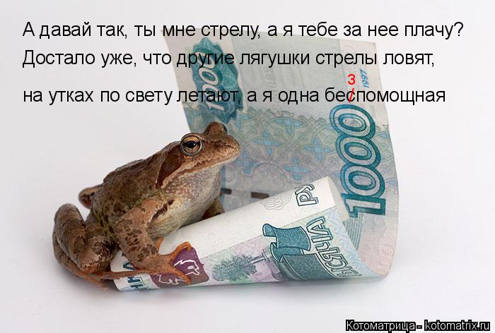 А давай так, ты мне стрелу, а я тебе за нее плачу? Достало уже, что другие лягушки стрелы ловят, на у... Котоматрица: А давай так, ты мне стрелу, а я тебе за нее плачу? Достало уже, что другие лягушки стрелы ловят, на утках по свету летают, а я одна беспомощная /