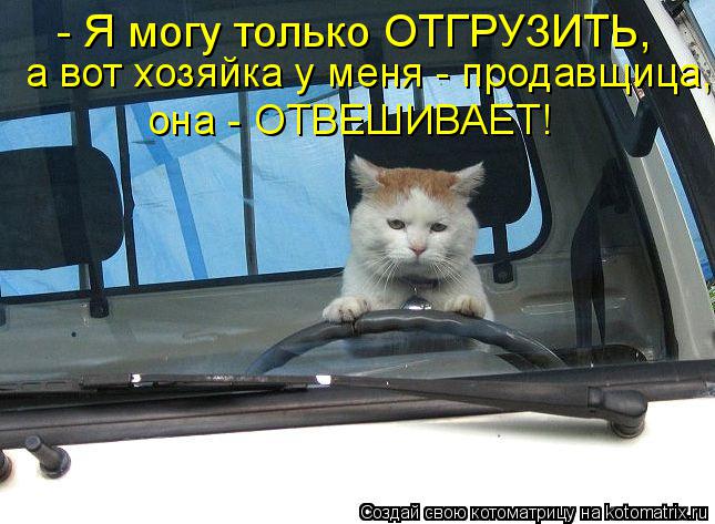 - Я могу только ОТГРУЗИТЬ, а вот хозяйка у меня - продавщица, она - ОТВЕШИВАЕТ!... Котоматрица: - Я могу только ОТГРУЗИТЬ, а вот хозяйка у меня - продавщица, она - ОТВЕШИВАЕТ!