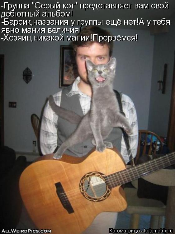 -Группа "Серый кот" представляет вам свой дебютный альбом! -Барсик,названия у группы ещё нет!А у тебя... Котоматрица: -Группа "Серый кот" представляет вам свой дебютный альбом! -Барсик,названия у группы ещё нет!А у тебя явно мания величия! -Хозяин,никакой мани