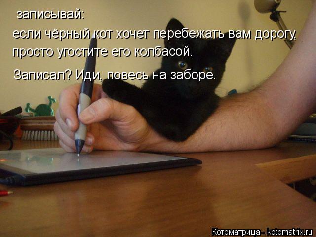 записывай: если чёрный кот хочет перебежать вам дорогу , просто угостите его колбасой. Записал? Иди... Котоматрица: записывай: если чёрный кот хочет перебежать вам дорогу , просто угостите его колбасой. Записал? Иди, повесь на заборе.