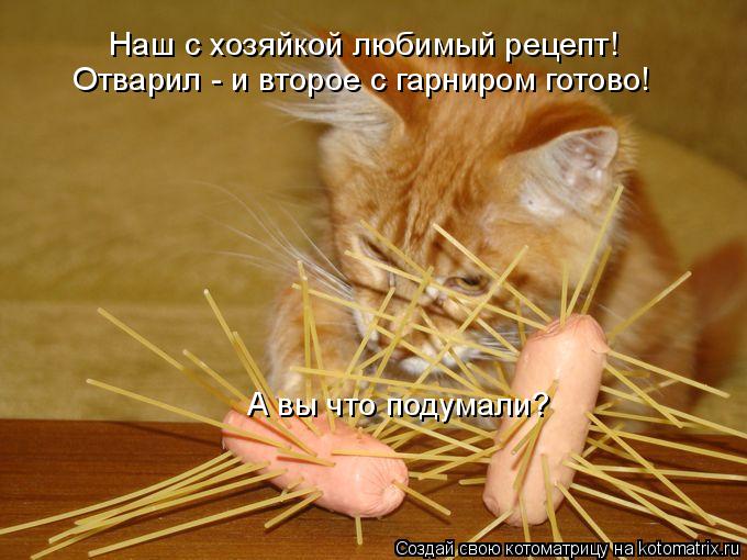 Наш с хозяйкой любимый рецепт! Отварил - и второе с гарниром готово! А вы что подумали?... Котоматрица: Наш с хозяйкой любимый рецепт! Отварил - и второе с гарниром готово! А вы что подумали?