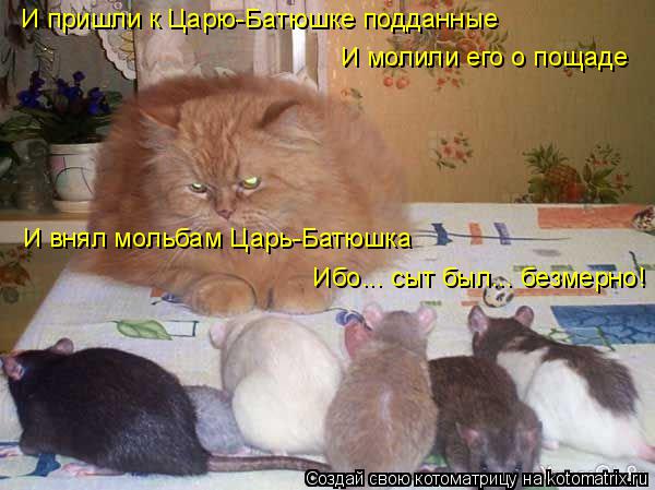 И пришли к Царю-Батюшке подданные И молили его о пощаде И внял мольбам Царь-Батюшка Ибо... сыт был... Котоматрица: И пришли к Царю-Батюшке подданные И молили его о пощаде И внял мольбам Царь-Батюшка Ибо... сыт был... безмерно!