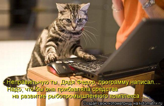 Котоматрица: - Неправильную ты, Дядя Федор, программу написал.... Надо, что бы она прибавляла средства на развитие рыбопромышленного комплекса .....