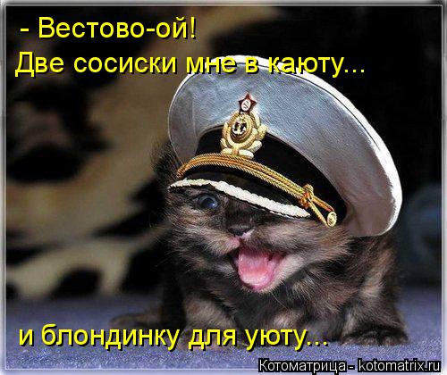 Котоматрица: - Вестово-ой!  Две сосиски мне в каюту... и блондинку для уюту...
