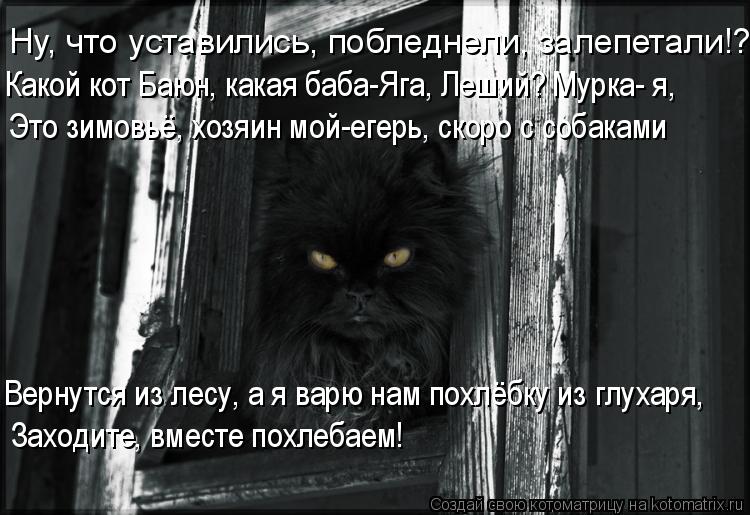 Ну, что уставились, побледнели, залепетали!? Какой кот Баюн, какая баба-Яга, Леший? Мурка- я, Это зим... Котоматрица: Ну, что уставились, побледнели, залепетали!? Какой кот Баюн, какая баба-Яга, Леший? Мурка- я, Это зимовьё, хозяин мой-егерь, скоро с собаками Ве