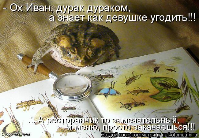 Котоматрица: - Ох Иван, дурак дураком,  а знает как девушке угодить!!! ... А ресторанчик то замечательный, и меню, просто закачаешься!!!