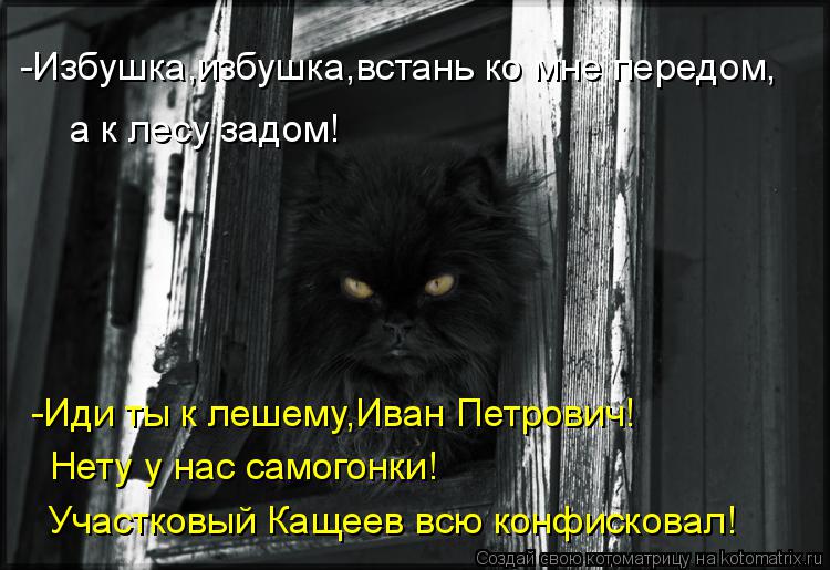 Котоматрица: -Избушка,избушка,встань ко мне передом, а к лесу задом! -Иди ты к лешему,Иван Петрович! Нету у нас самогонки! Участковый Кащеев всю конфискова