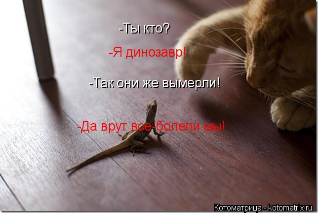 -Ты кто? -Я динозавр! -Так они же вымерли! -Да врут все-болели мы!... Котоматрица: -Ты кто? -Я динозавр! -Так они же вымерли! -Да врут все-болели мы!