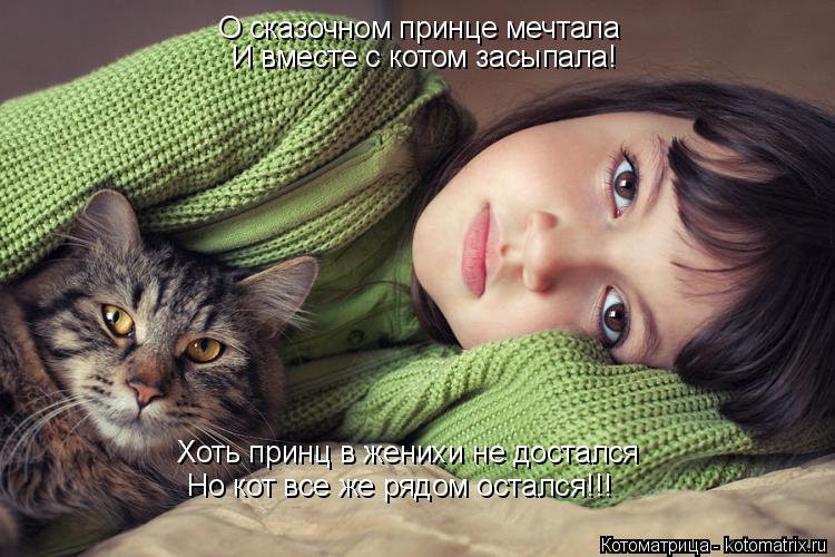 Котоматрица: О сказочном принце мечтала И вместе с котом засыпала! Хоть принц в женихи не достался Но кот все же рядом остался!!!