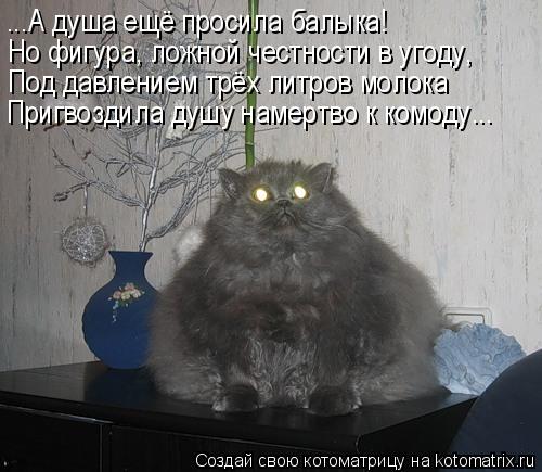 ...А душа ещё просила балыка! Но фигура, ложной честности в угоду, Под давлением трёх литров молока П... Котоматрица: ...А душа ещё просила балыка! Но фигура, ложной честности в угоду, Под давлением трёх литров молока Пригвоздила душу намертво к комоду...