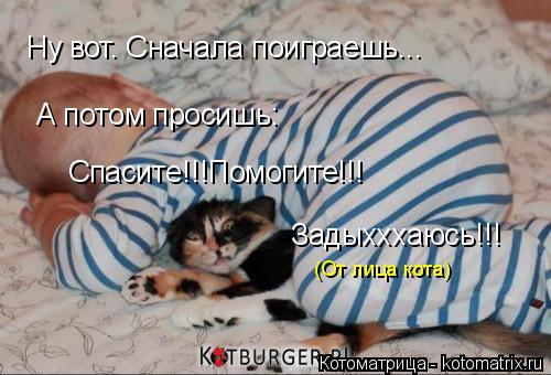 Котоматрица: Ну вот. Сначала поиграешь... А потом просишь: Спасите!!!Помогите!!! Задыхххаюсь!!! (От лица кота)